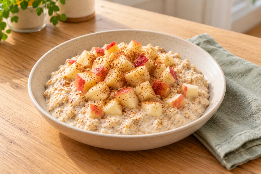 AI-generated serving illustration of Overnight oats with apple and cinnamon