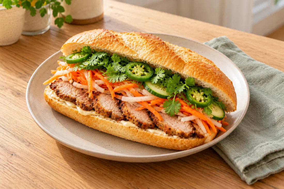 AI-generated serving illustration of Bánh mì with cooked pork