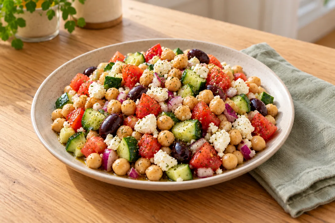 AI-generated serving illustration of Greek chickpea salad