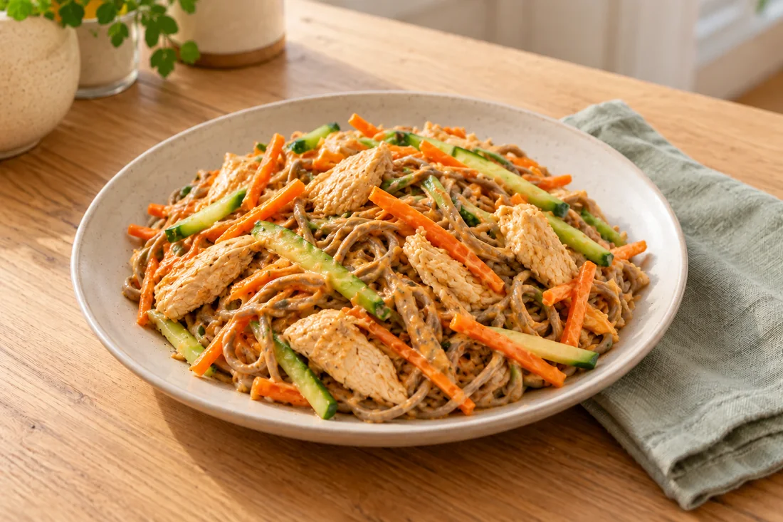 AI-generated serving illustration of Peanut chicken soba salad