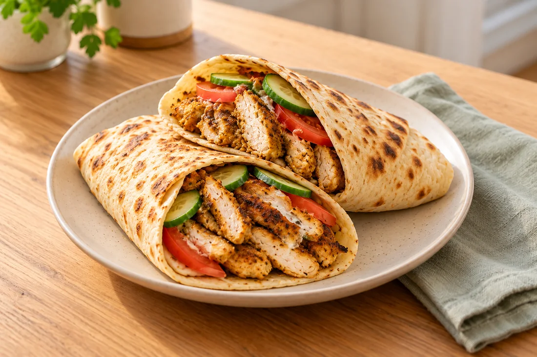 AI-generated serving illustration of Chicken shawarma wraps