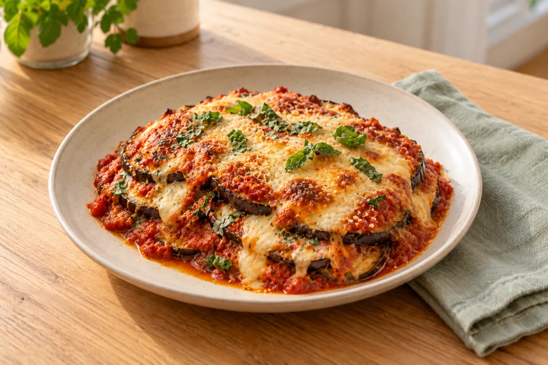 AI-generated serving illustration of Eggplant parmesan