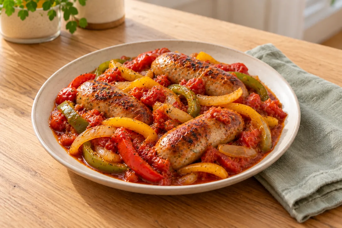 AI-generated serving illustration of Sausage and peppers