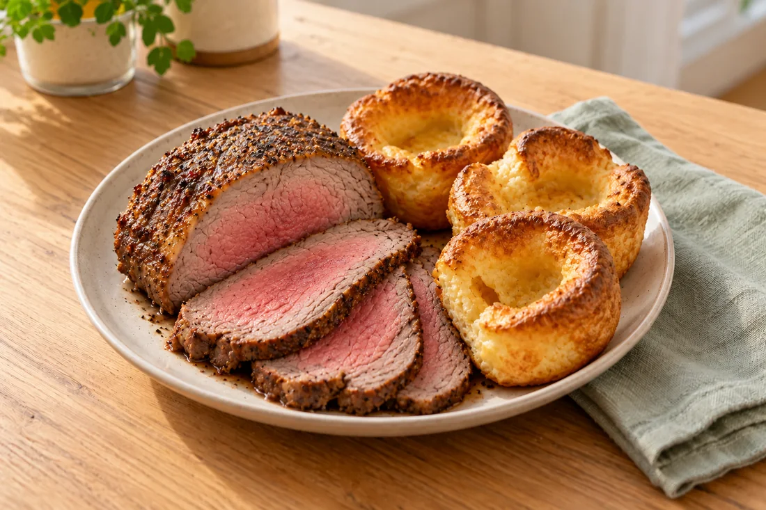 AI-generated serving illustration of Roast beef with Yorkshire pudding