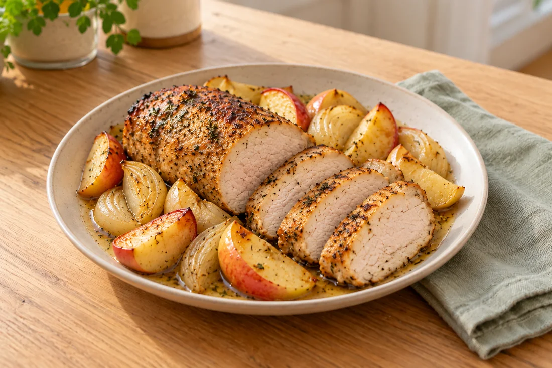 AI-generated serving illustration of Roast pork with apples