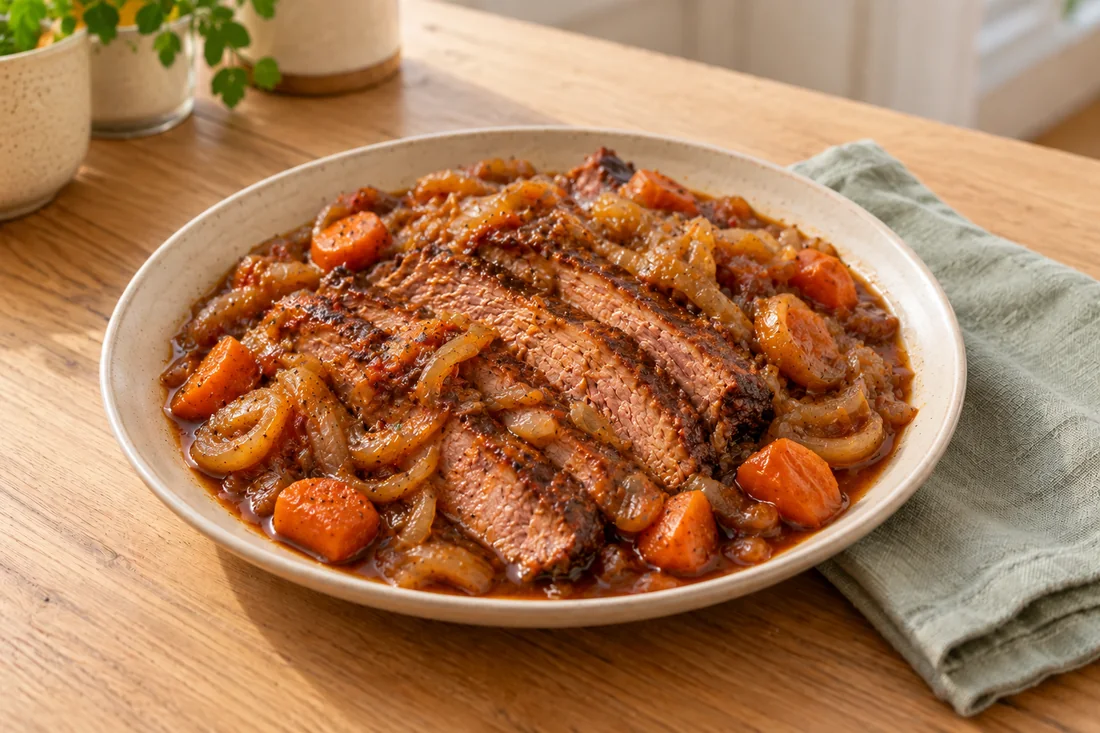 AI-generated serving illustration of Beef brisket with onions