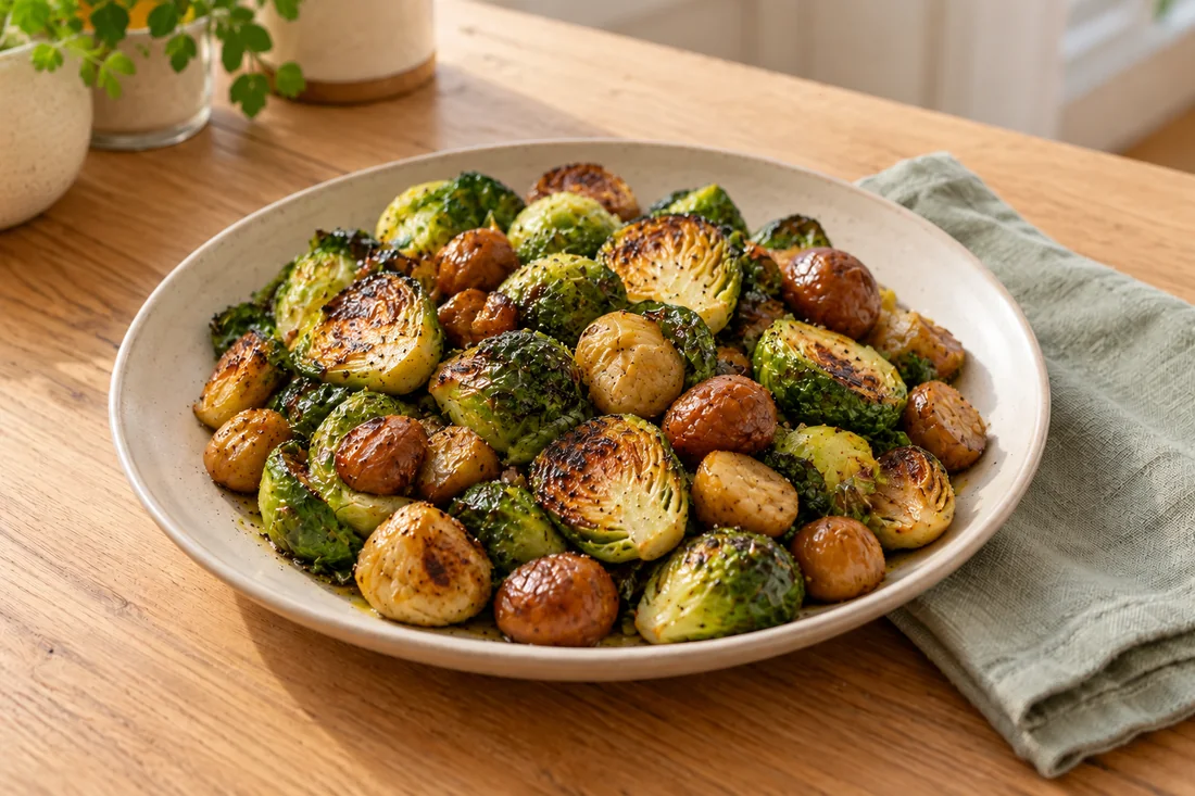AI-generated serving illustration of Roasted Brussels sprouts with chestnuts