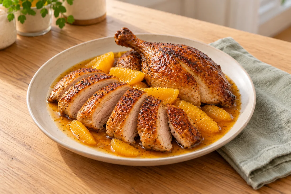 AI-generated serving illustration of Roast duck with orange sauce
