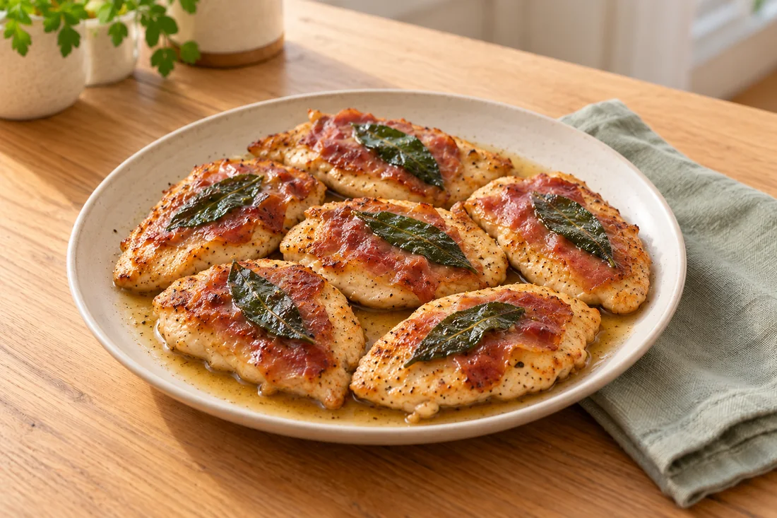 AI-generated serving illustration of Chicken saltimbocca
