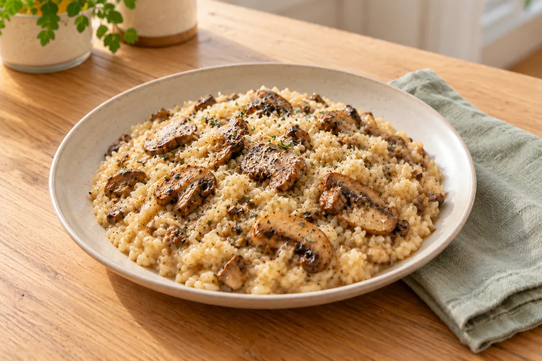 AI-generated serving illustration of Mushroom risotto