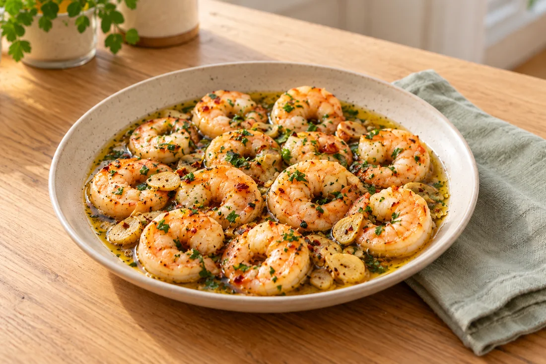 AI-generated serving illustration of Gambas al ajillo