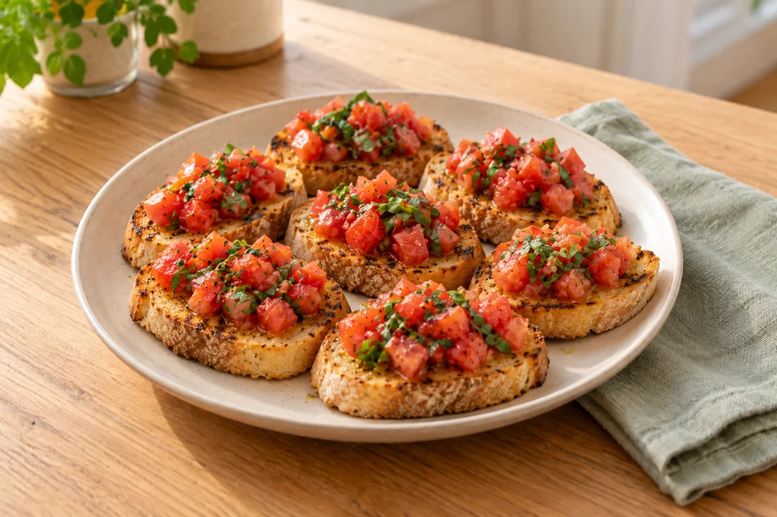 AI-generated serving illustration of Bruschetta al pomodoro