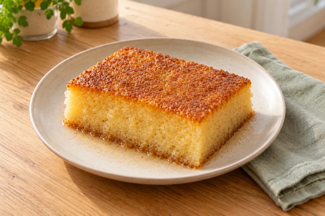 AI-generated serving illustration of Revani semolina cake