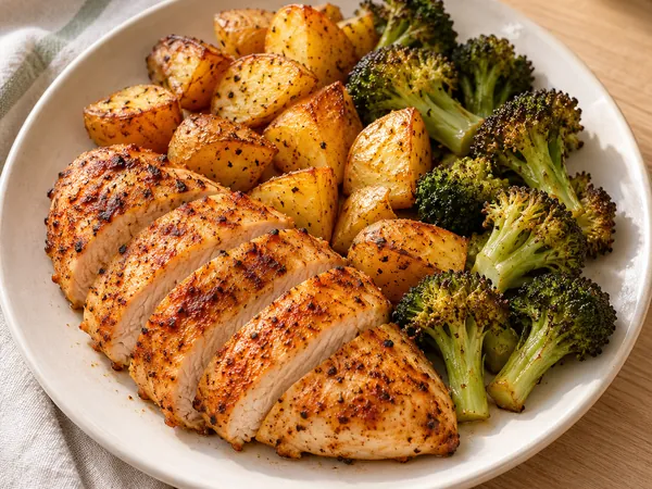 AI-generated serving illustration of Sheet-pan chicken, potatoes & broccoli