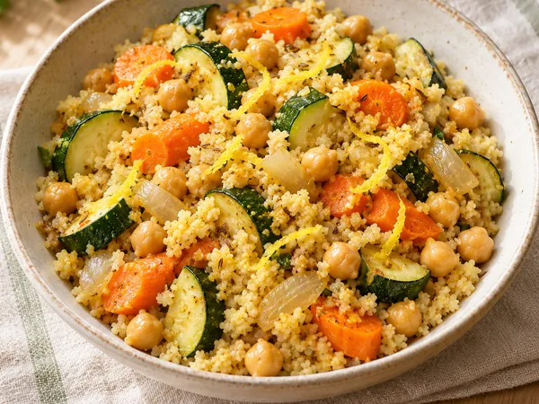 AI-generated serving illustration of Lemony chickpea skillet & couscous