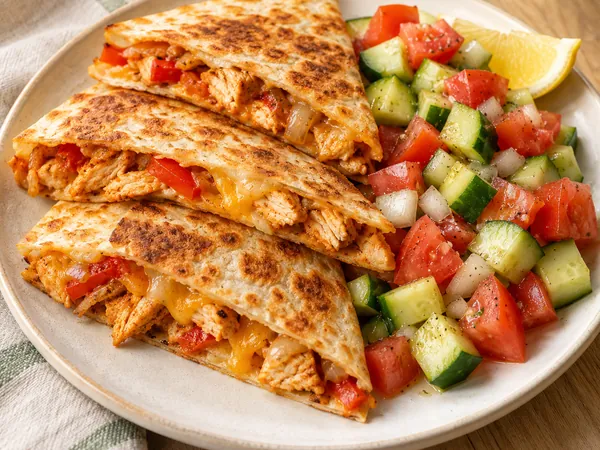 AI-generated serving illustration of Chicken quesadillas & chopped salad